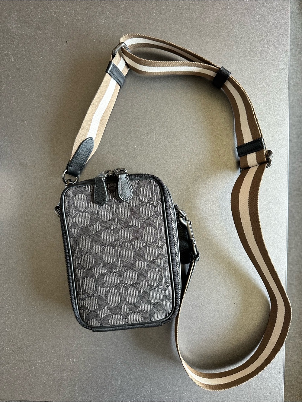 Coach Men's Signature Crossbody Bag in Charcoal and Black with Striped Strap